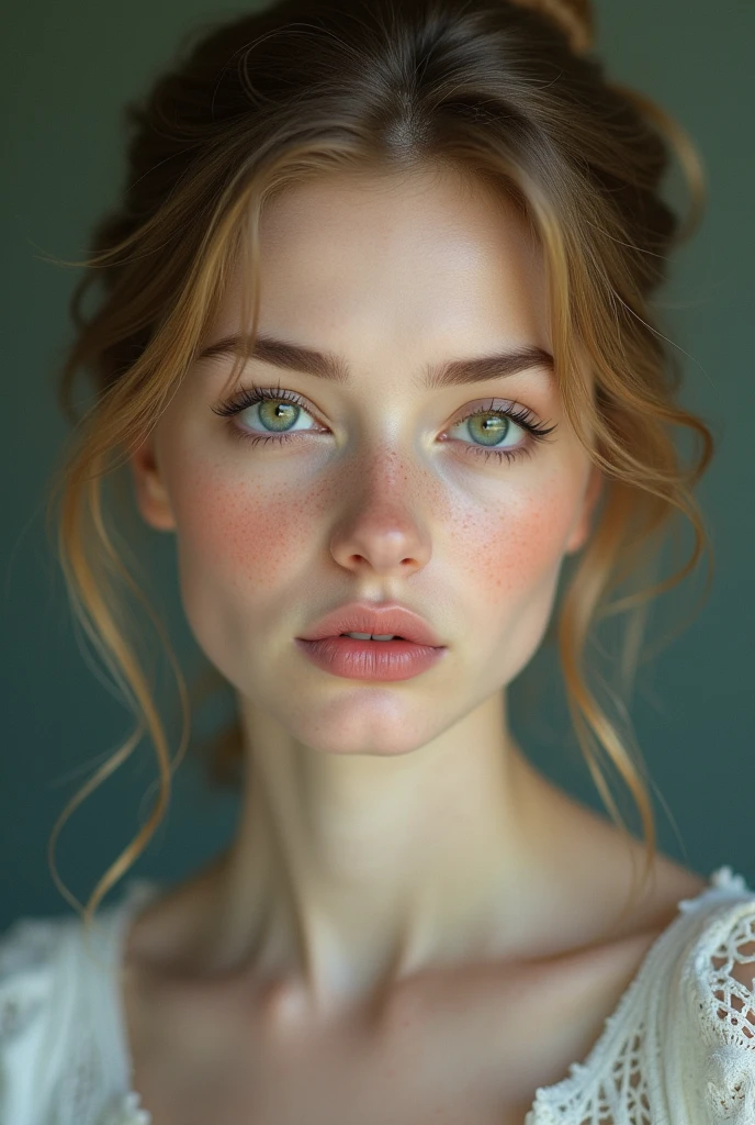 Generates an image of an attractive and tender young girl, made up , From Russia, very white complexion, symmetrical face, with freckles in detail, Large, very defined green eyes, long and bushy eyebrows, small nose, big mouth and pronounced lips, long eyelashes , uncovered face from the front with good lighting, with hair up