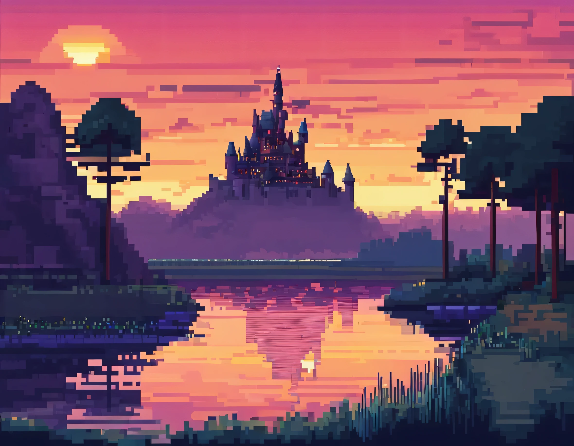 A beautiful river with a sunset mixed with dusk, in the background a giant and magical castle