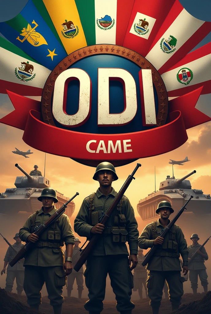 Round logo with 10 flags of Latin countries, soldiers of the First World War with weapons, armored tanks and bombers in front, the name ODI inside a red ribbon