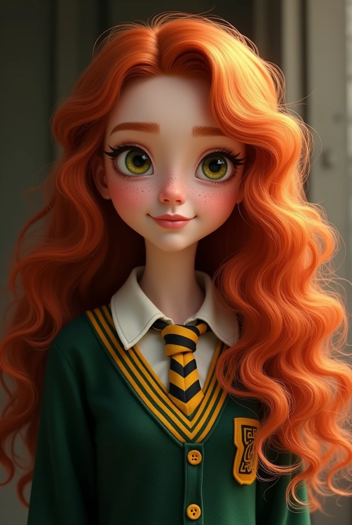rousse avec de longs cheveux bouclés, les yeux verts foncés/marrons avec un uniforme d'harry potter, poufsouffle, elle a des taches de rousseurs
elle s'appelle Nora Smith