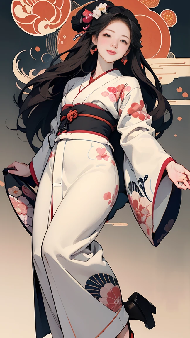 A beautiful woman smiles and shows her upper white teeth、Vividly colored Japanese Ukiyo-e style illustrations、(SeaArt creates stunning illustrations of beautiful women in kimono)、Brown-black long hair、Beautiful full body style、Let&#39;s dance a little Tokyo Ondo Yoiyoi、Beautiful digital painting,、Bright vibrant digital anime art、 Detailed digital anime art、 Beautiful anime portraits、background、Torii gate of a shrine in Kyoto, Japan、Detailed CG、