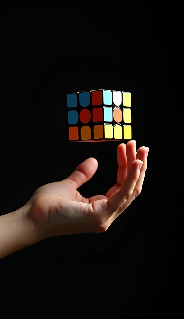 A beautiful hands playing puzzle cube in air with black background 