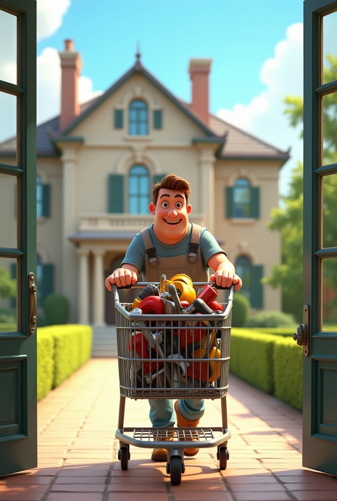 Animated man walking out of a large house with his shopping cart full of tools