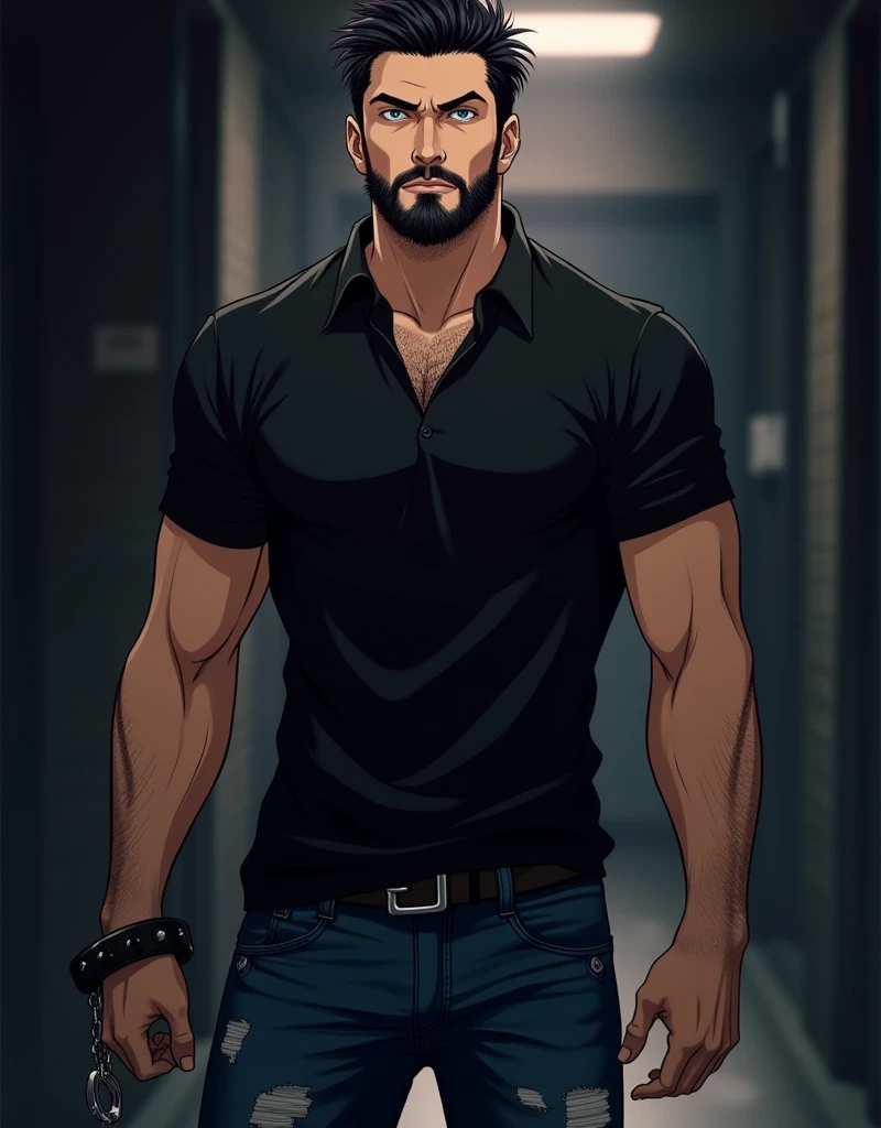 Create a anime style landscape image. Stylized anime portrait of a man with a rugged appearance. He has a fair skin tone, a full beard, and short, dark hair. He is wearing a black, short-sleeved polo shirt and distressed blue jeans. The man is holding a cigarette in his mouth and has a pair of handcuffs hanging from his left wrist. The background is dark and blurred, focusing attention on the subject. The overall tone of the image is gritty and intense, with a dramatic lighting effect that highlights the man's facial features.