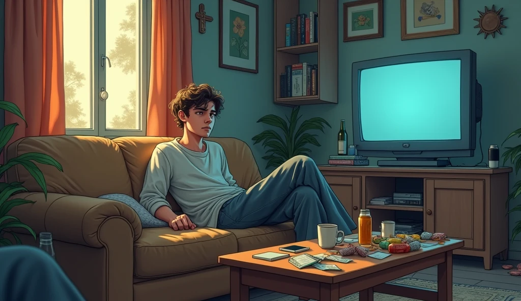 Animation of a lazy young man, procrastinating on the couch at home watching Netflix with a coffee table full of beers and clutter