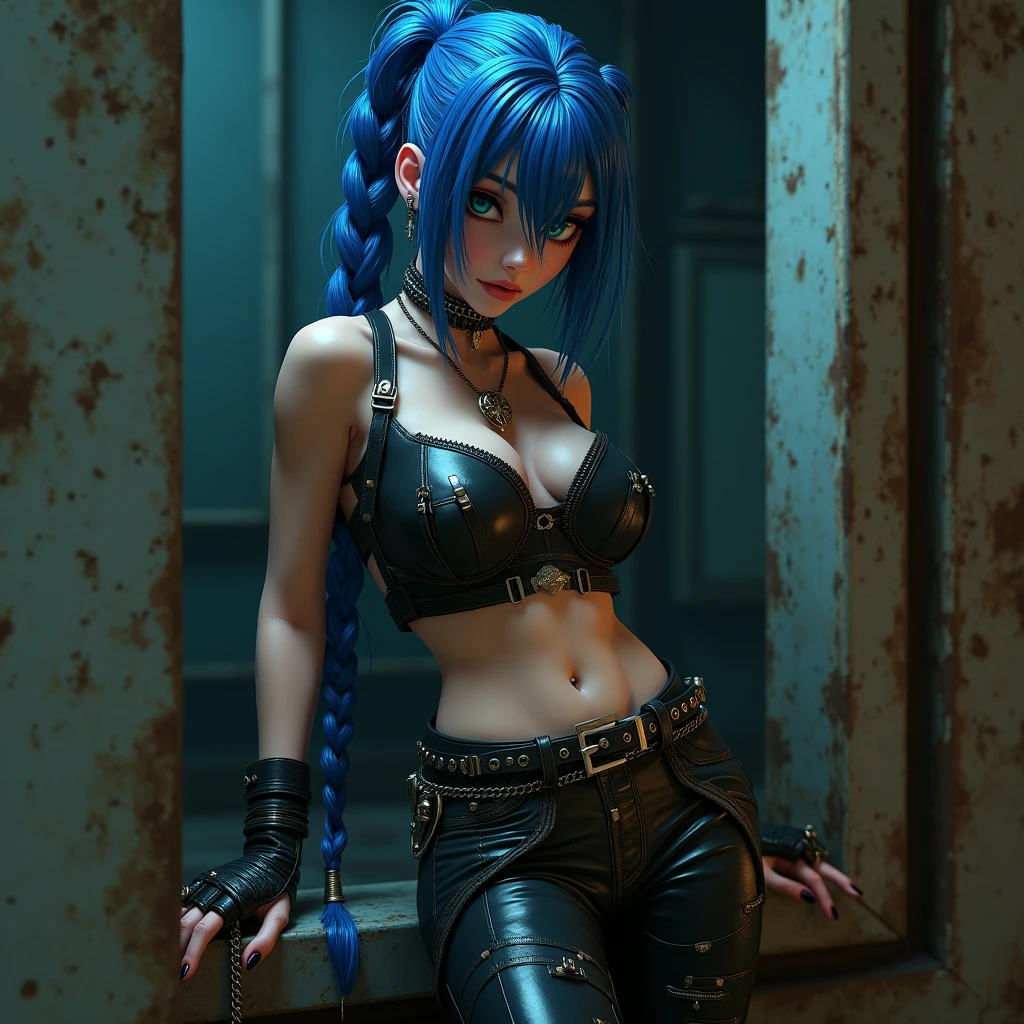 Best Quality, Cute jinxed girl with blue hair, (blue hair hyper long braided tail), (hair over one eye), (sleeveless cropped leather shirt), low light, Very dark eyeliner, jinxlol, Lovely, cyber punk, way there, , young man looking, hyper detailed face, detailed skin, dark heavy eyeliner, (huge breast),sleeveless cropped leather shirt with metal eyelets and ropes, ((tight leather pants, dirty and worn)), LowriseXL, ((belt bra)), ((lean against the wall)), (((three bullet belts))), (((three studded belts))), exposed abdomen, ((navel piercing)), ((navel piercing)), (thigh belt), Leather gloves with free fingers and nails painted blue and fuchsia, ((many hip chains)), ((rock hard abs)), put weight on one leg, Perfect blue eyes, muddy skin, wet skin, oily skin, ((sit with legs open and knees bent)), photorealism