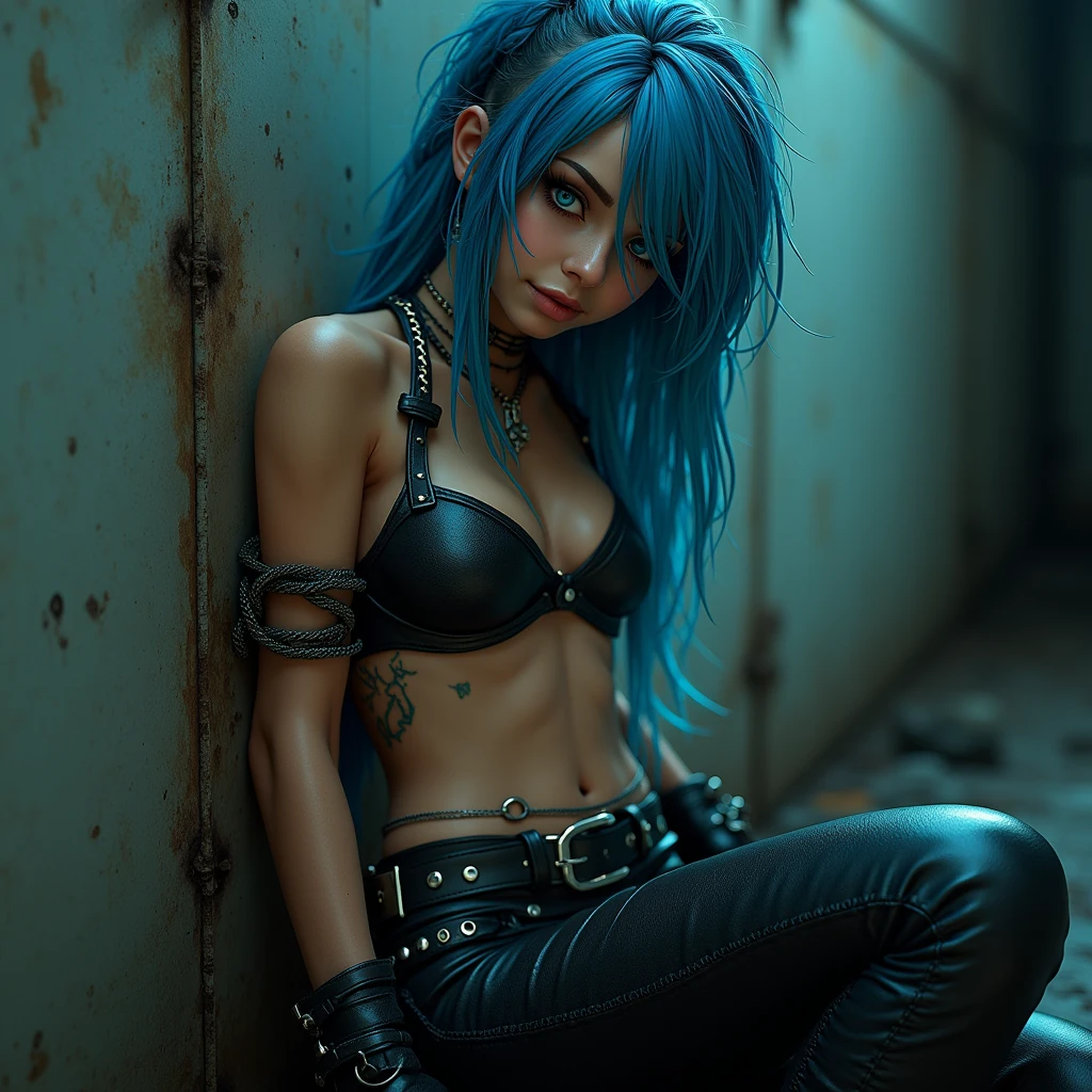 Best Quality, Cute jinxed girl with blue hair, (blue hair hyper long braided tail), (hair over one eye), (sleeveless cropped leather shirt), low light, Very dark eyeliner, jinxlol, Lovely, cyber punk, way there, , young man looking, hyper detailed face, detailed skin, dark heavy eyeliner, (huge breast),sleeveless cropped leather shirt with metal eyelets and ropes, ((tight leather pants, dirty and worn)), LowriseXL, ((belt bra)), ((lean against the wall)), (((three bullet belts))), (((three studded belts))), exposed abdomen, ((navel piercing)), ((navel piercing)), (thigh belt), Leather gloves with free fingers and nails painted blue and fuchsia, ((many hip chains)), ((rock hard abs)), put weight on one leg, Perfect blue eyes, muddy skin, wet skin, oily skin, ((sit with legs open and knees bent)), photorealism