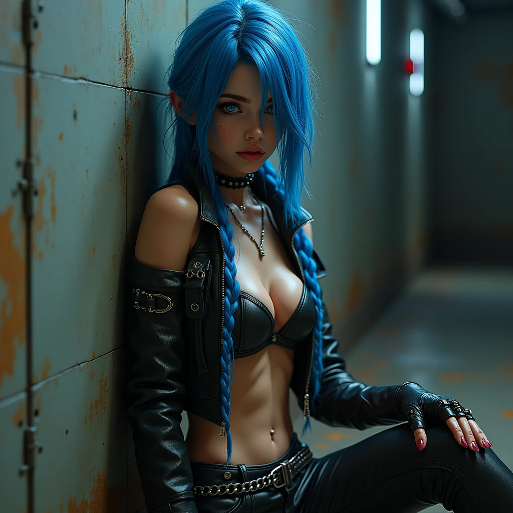 Best Quality, Cute jinxed girl with blue hair, (blue hair hyper long braided tail), (hair over one eye), (sleeveless cropped leather shirt), low light, Very dark eyeliner, jinxlol, Lovely, cyber punk, way there, , young man looking, hyper detailed face, detailed skin, dark heavy eyeliner, (huge breast),sleeveless cropped leather shirt with metal eyelets and ropes, ((tight leather pants, dirty and worn)), LowriseXL, ((belt bra)), ((lean against the wall)), (((three bullet belts))), (((three studded belts))), exposed abdomen, ((navel piercing)), ((navel piercing)), (thigh belt), Leather gloves with free fingers and nails painted blue and fuchsia, ((many hip chains)), ((rock hard abs)), put weight on one leg, Perfect blue eyes, muddy skin, wet skin, oily skin, ((sit with legs open and knees bent)), photorealism