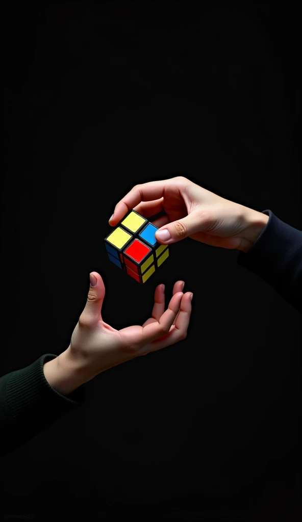 A beautiful hands playing puzzle cube in air with black background