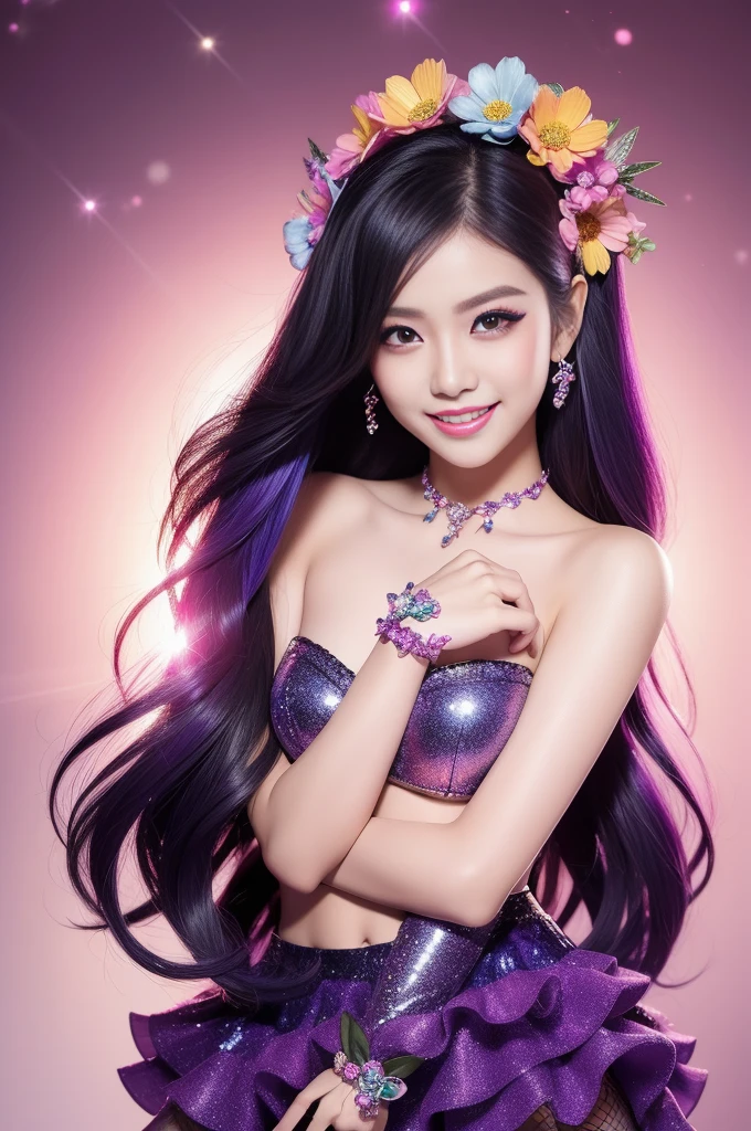 sexy Thai model who controls poison、beautiful smile、lipgloss、long lashes、smokey eyeshadow、look at the camera、full body Esbian、、sparkling poisoned flower costume、、、、sparkling Colorful hair、secrete poison、skull hair accessories、fishnet tights、shiny sparkling flowers background