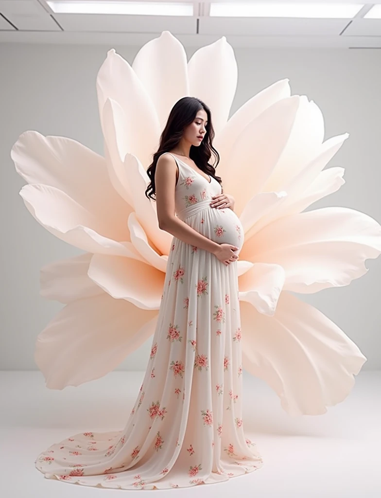 pregnant lady wear a gown with flower design , single big flower in background margen with model
