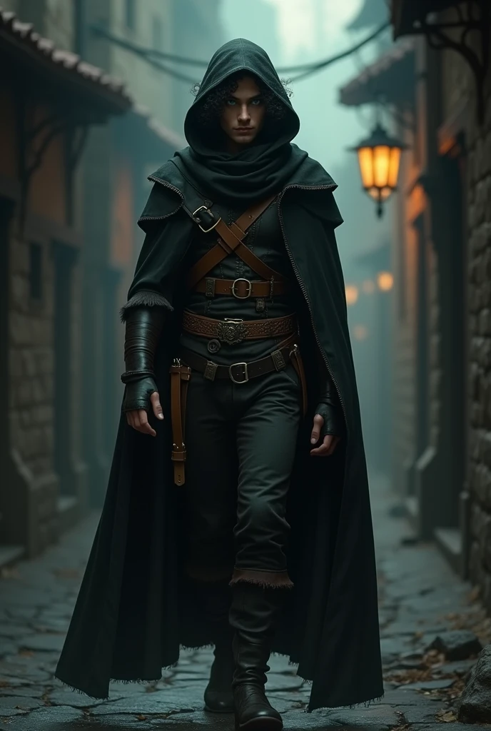 A thief of , naughty man, with pale skin, 1,70 tall. He has striking green eyes and curly black hair.. Your build is thin, and he wears leather clothes with a hood, typical of the medieval era. His expression is cautious, befitting his suspicious nature as he navigates the shadows.