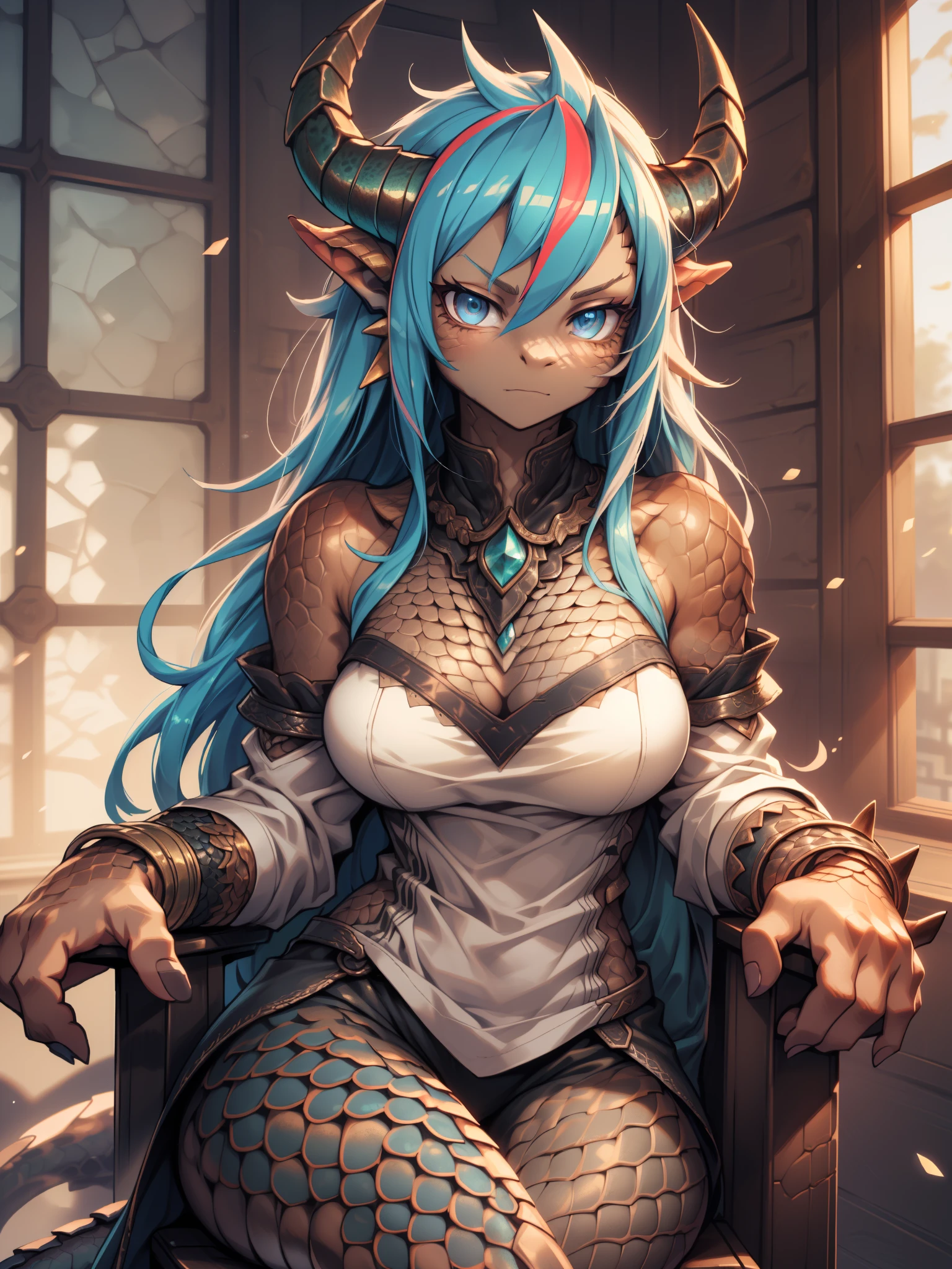 HD, Detailed eyes, detailed face, dynamic lighting, heavy shadows(dragan), woman, antrum, 1girl, alone, delicate body, slim body, far, , bracelets, multicolored hair, long hair, horns, dragon horns, anime style, high quality, best quality, flaking skin, sitting, sitting in a chair, in a room, crossed legs, realistic style, scales, dark scales, leg with scales on thigh, arms with scales, face with scales, dark skin,  Flaky skin, textured scale, closed clothes, closed pants, white t-shirt, long sleeve blouse, black blouse,