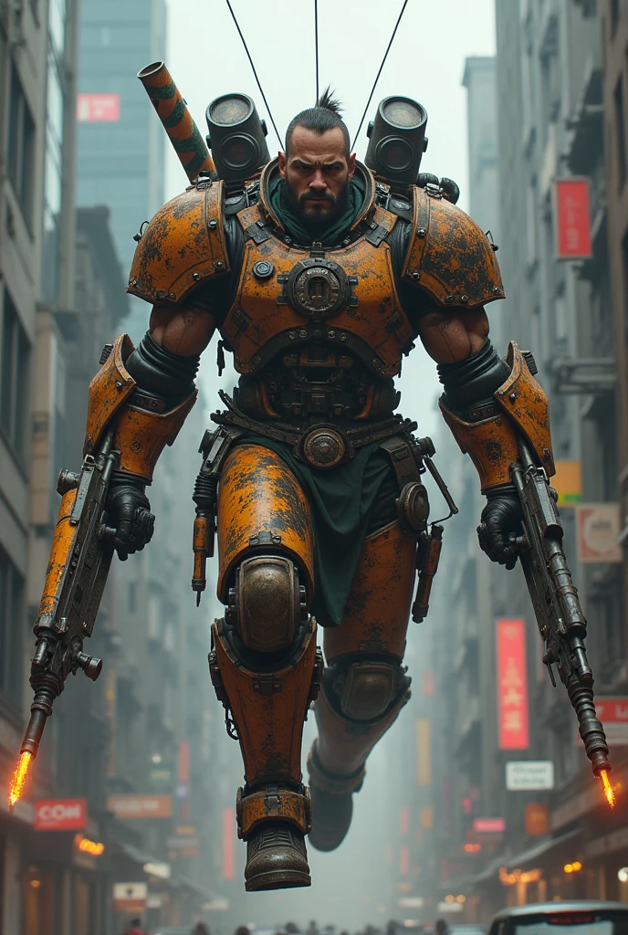 Man with technological scrap armor with flamethrower, machine gun and propellers to fly, flying