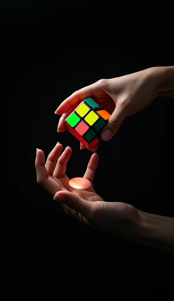 A beautiful hands playing puzzle cube in air with black background