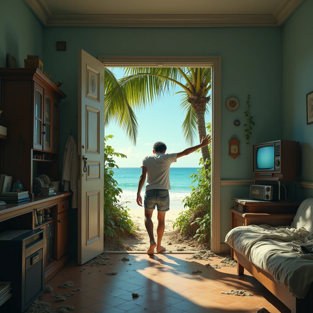 A gateway to a tropical beach that looks like a TV but you can climb through it, inside a run down and messy flat. A young man wearing a white t-shirt and denim shorts is ducking through the TV/gateway to get to the tropical beach. He is half on the beach and half in the flat. His hand is touching the sand inside the TV. Surreal photography. Hyper-realistic