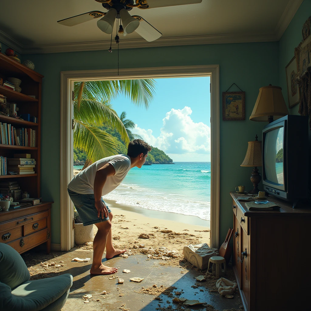 A gateway to a tropical beach that looks like a TV but you can climb through it, inside a run down and messy flat. A young man wearing a white t-shirt and denim shorts is ducking through the TV/gateway to get to the tropical beach. He is half on the beach and half in the flat. His hand is touching the sand inside the TV. Surreal photography. Hyper-realistic