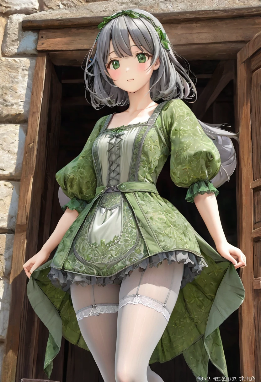  Underwear, Realistic panties and bloomers made from patterned cotton fabric, Medieval grey one-piece dress with green embroidery and panniers, Fabric Realism, Low Angle, You can see the drawer, Pull up the dress by hand, Strong winds, Translucent slip, Translucent slip, tights, Highest quality, Crotch close-up, whole body, Skirt lining
