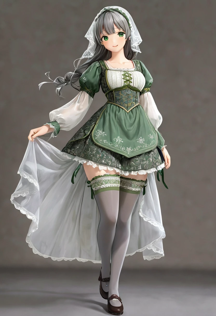 Underwear, Realistic panties and bloomers made from patterned cotton fabric, Medieval grey one-piece dress with green embroidery and panniers, Fabric Realism, Low Angle, You can see the drawer, Pull up the dress by hand, Strong winds, Translucent slip, Translucent slip, tights, Highest quality, Crotch close-up, whole body, Skirt lining