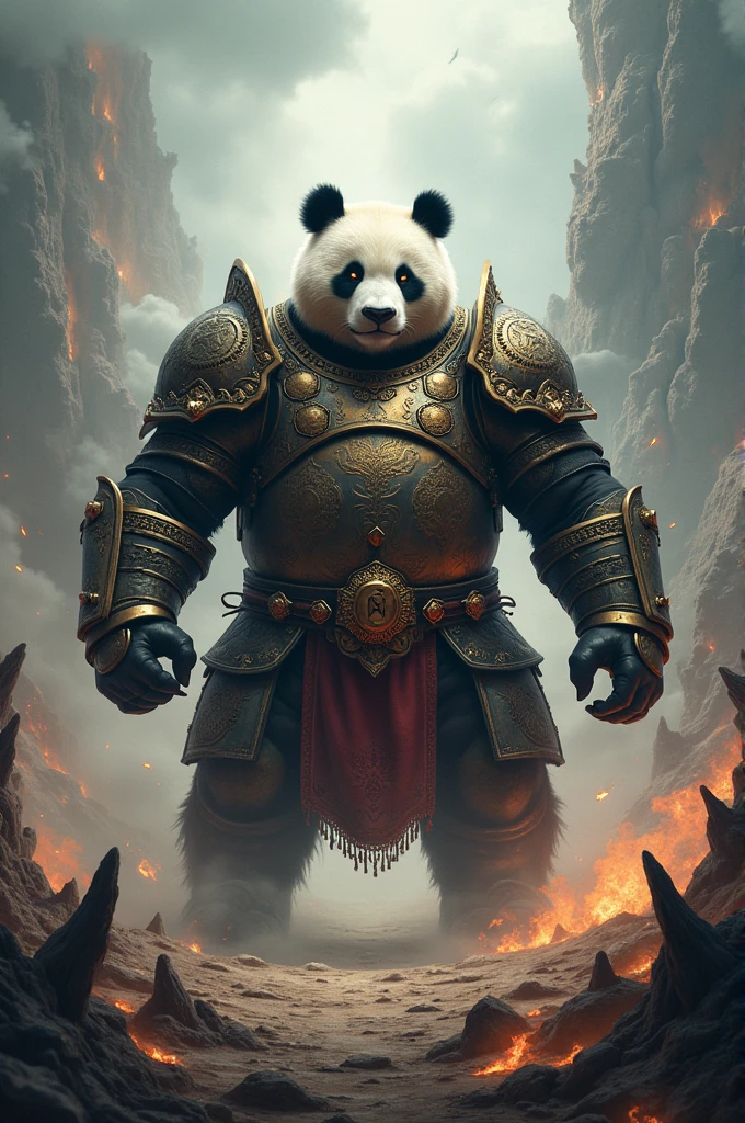 A muscular Giant Panda in armor in a chaotic landscape