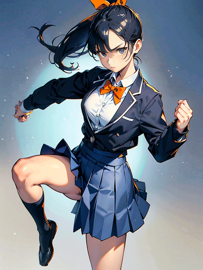 one person, Karate Stance,High Kick,Black Hair, ponytail, Slim body,Small breasts,Bad mood, Slanted Eyes, Character profile, high school student,Navy blue blazer,White blouse,Orange bow ribbon tie,Grey below-the-knee skirt,Vanishing Point, Ultra Wide Angle, Japanese illustration style, 