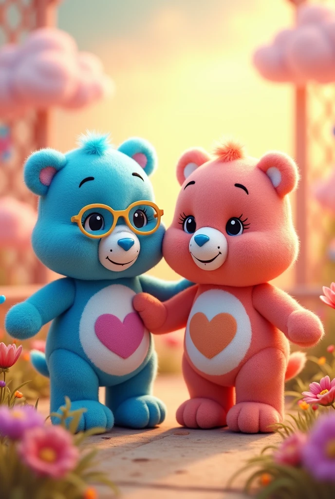 Two care bears, one of the two has blue and yellow glasses