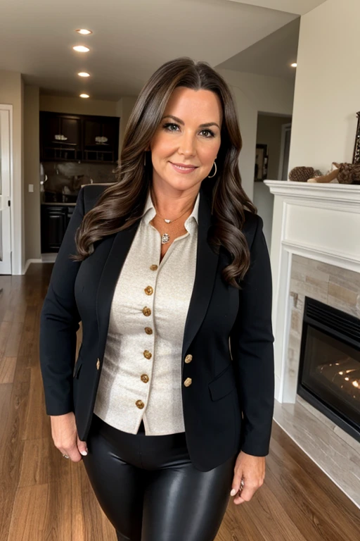 Medium view, of middle aged, 3, mom, gilf, milf, face portrait, chubby, long brunette hair, formal jacket, blouse, black leggings, in cozy home