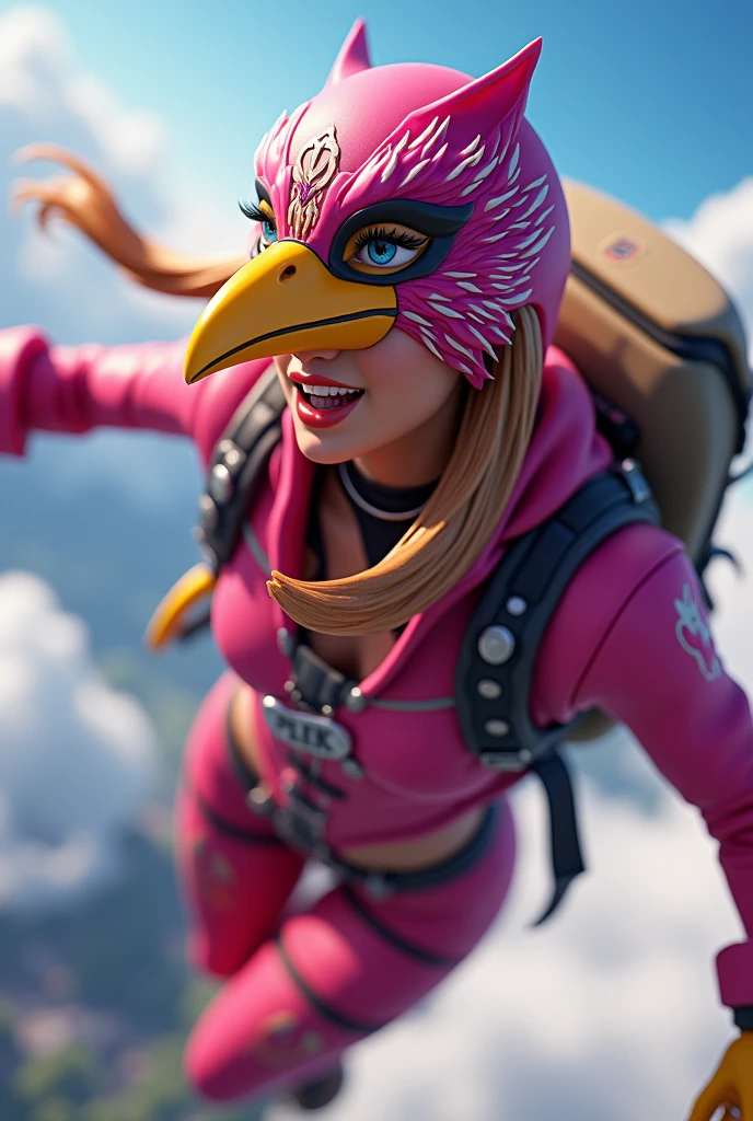 Lot of the singer Sabrina Carpenter with her outfit, like fortnite skin, with its beak, Hang gliding and backpack