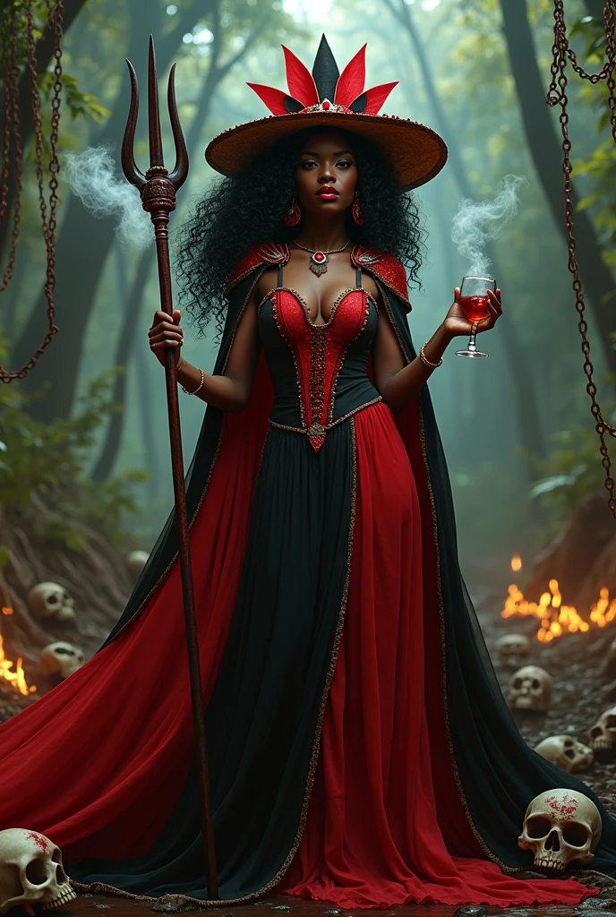 (photorealism:1.2) 2african woman, black tulle, calaveras, souls, jovial laughter, comb, red and black hat, Layers, , long curly wavy black hair, trident, drinking alcohol from a glass cup, cemetery swamp jungle, Hands with blood, Red and black sexy dress, smoking, red and black cape , queen, fire, small crown, chains,