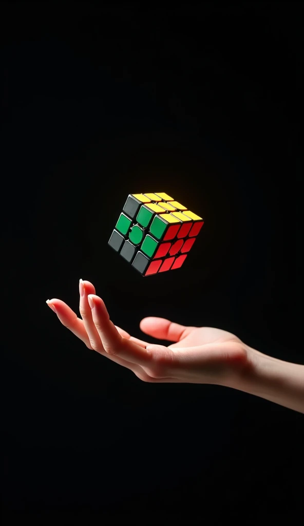 A beautiful hands playing puzzle cube in air with black background