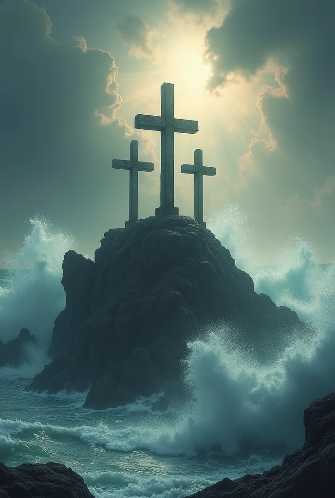 Make a picture of three crosses on a Little Rock with waves crashing hard against the crosses with a very cloudy sky and a bright sunset with rays of light coming down on the crosses
