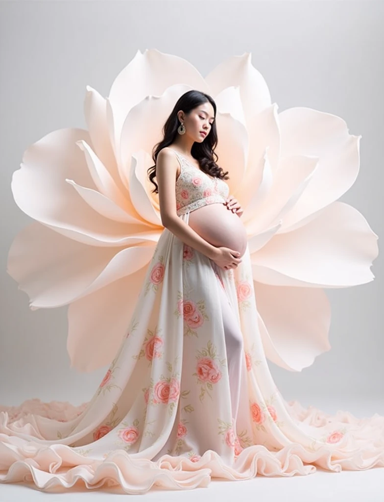 pregnant lady wear a gown with flower design , single big flower in background margen with model