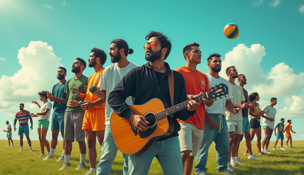 Create a realistic collage-type image with beardless Latino-featured people, in which footballers are shown, Volleyball player, GUITAR PLAYER, Woman and man singing dressed in black jackets and microphones, surrounded by dancers dressed in modern clothing. In the background a turquoise sky and grass with blurred clouds.