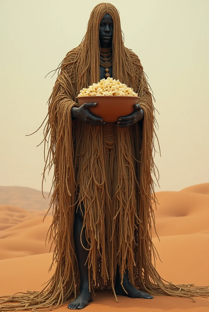 Black male Orisha with his body and face completely covered in straw in the middle of a desert holding a clay bowl with popcorn