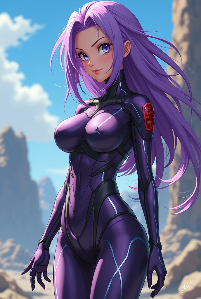 Android 21 from Dragon Ball Z with a sexy anime pose but reduce her breasts a bit and make it more anime