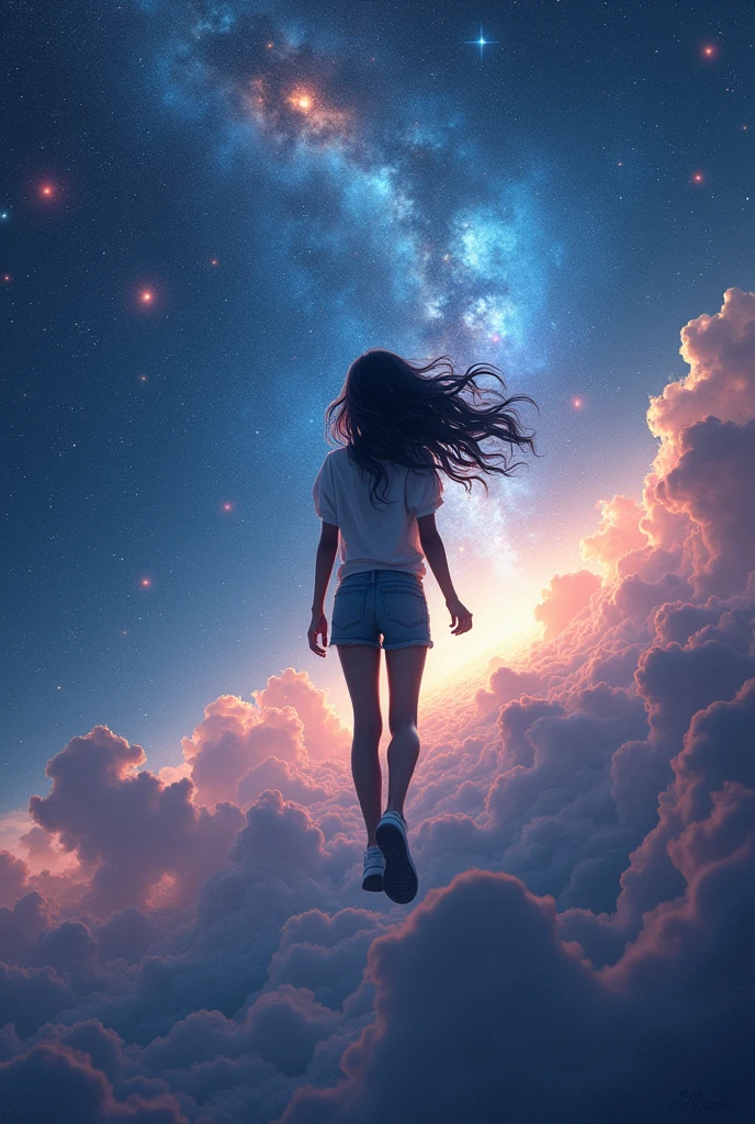 A wallpaper of the universe (Galaxy) where you can see a black-haired woman in the distance (not so long) floating, She wears a short blouse with jeans and tennis shoes. 