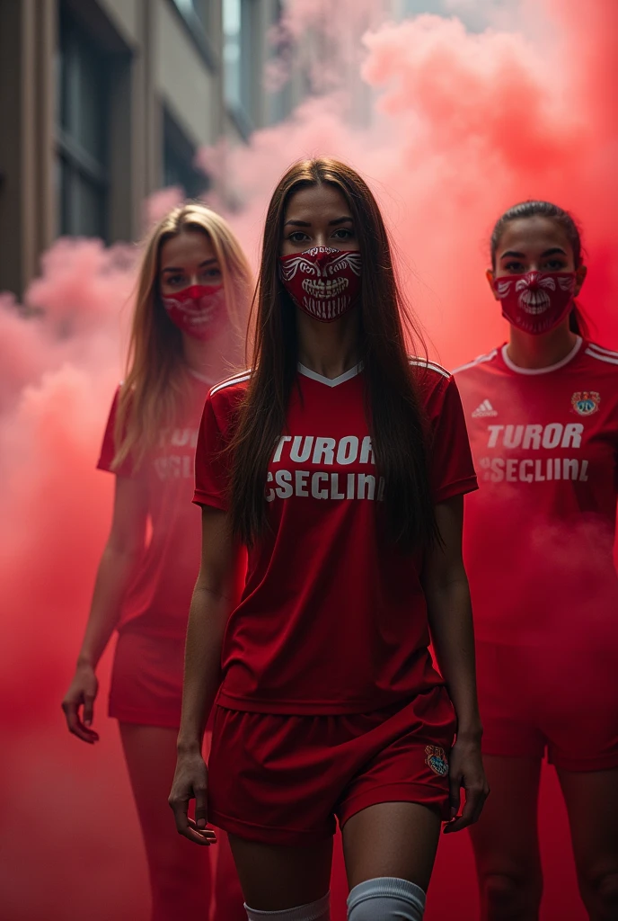 Photoshoot of beautiful female ultras hooligans wearing face masks carrying smoke s and red and white flags
