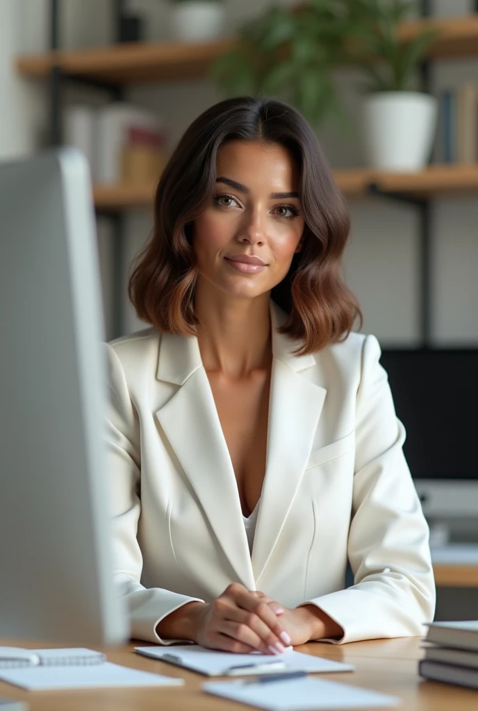 A Brazilian woman with a long, layered bob cut with brown hair, behind an office desk wearing a white blazer.