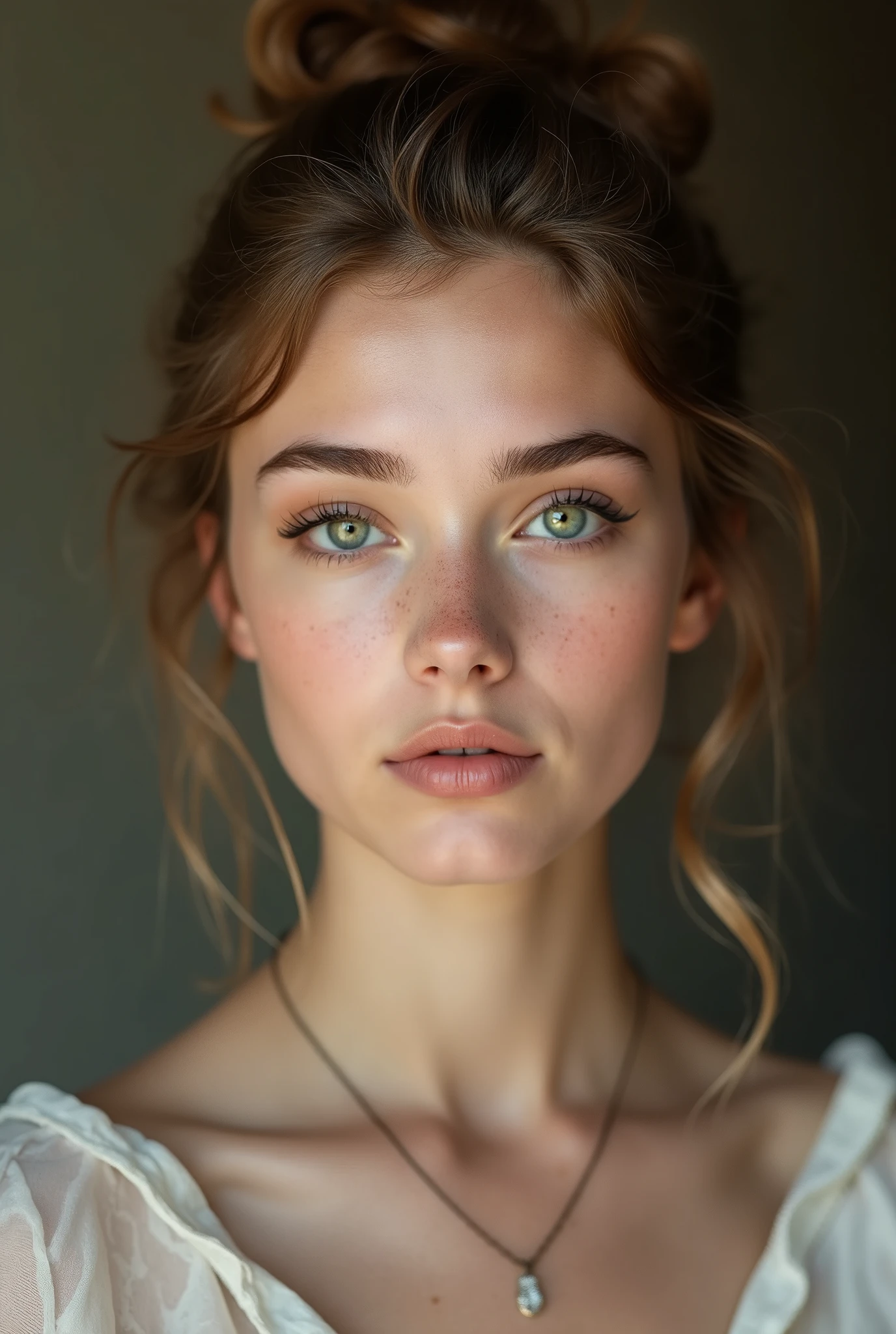 Generates an image of an attractive and tender young girl, made up , From Russia, very white complexion, symmetrical face not very thin, with freckles in detail, Large, very defined green eyes, long and bushy eyebrows, small nose, big mouth and pronounced lips, long eyelashes , uncovered face from the front with good lighting, with hair up