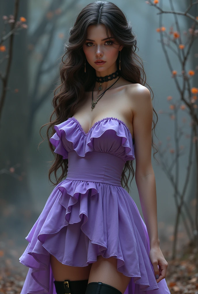 beautiful witch, brown and black hair, brown eyes, short lilac dress with 3 overlapping ruffles, strapless, thigh-high stockings, black high-heeled boots, with buckle in the front