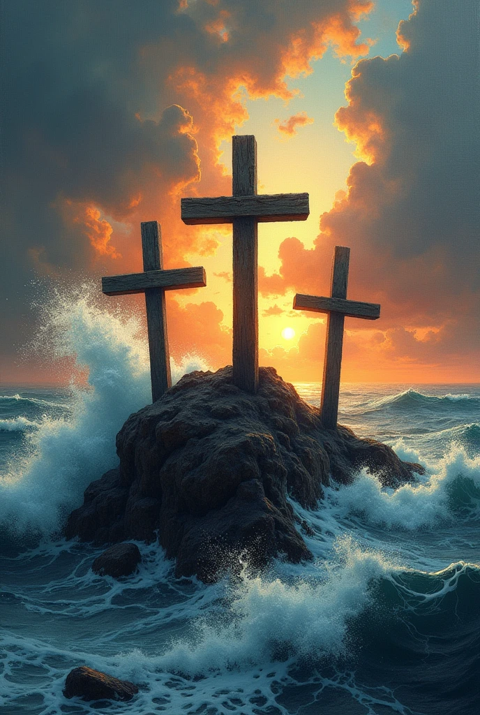 Make a picture of three crosses on a Little Rock with waves crashing hard against the crosses with a very cloudy sky and a bright sunset with rays of light coming down on the crosses and make the picture close up kind of it’s gonna be a tattoo