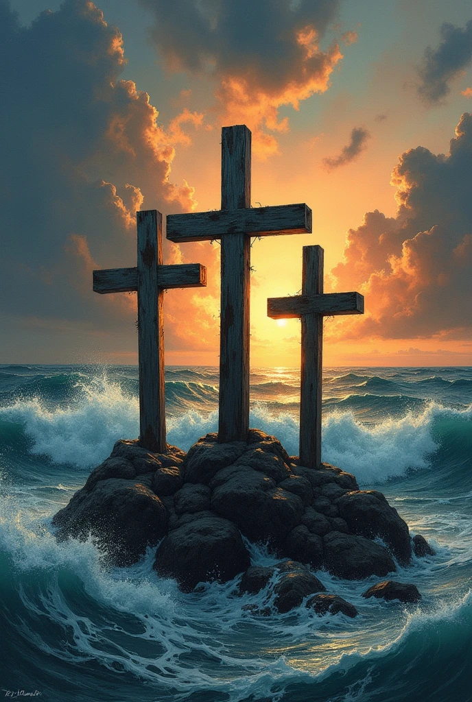 Make a picture of three crosses on a Little Rock with waves crashing hard against the crosses with a very cloudy sky and a bright sunset with rays of light coming down on the crosses and make the picture close up kind of it’s gonna be a tattoo
