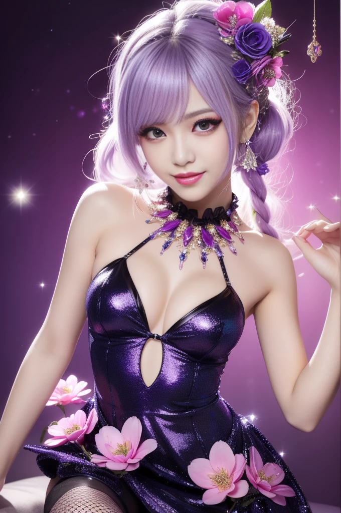 beautiful sexy model who controls poison、beautiful smile、lipgloss、long lashes、intense makeup、look at the camera、full body Esbian、、sparkling poisoned flower costume、、、、shiny sparkling multicolor hair、secrete poison、skull hair accessories、fishnet tights、shiny sparkling flowers background