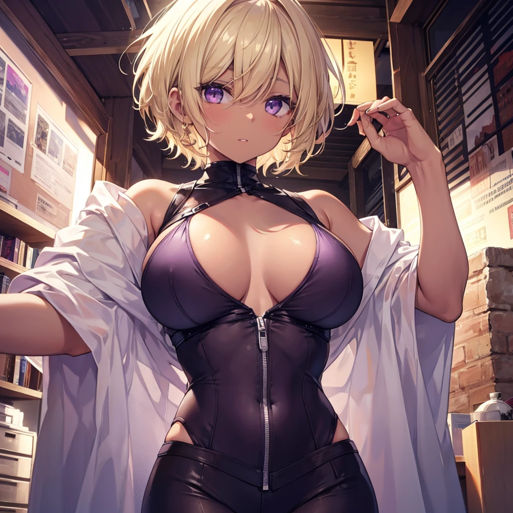 One person, short hair, Blonde, Brown Skin, High resolution, Purple eyes, Large Breasts, Cut-in,