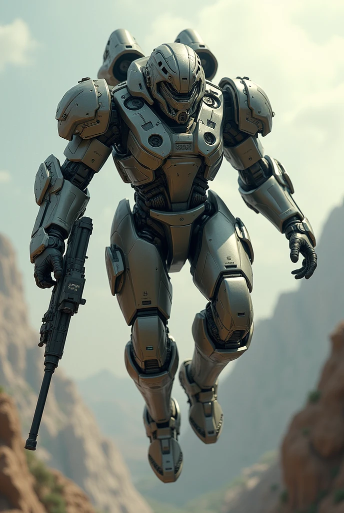 Man in Steel Armor with Flamethrower, machine gun and propellers to fly, flying, body-fitting armor