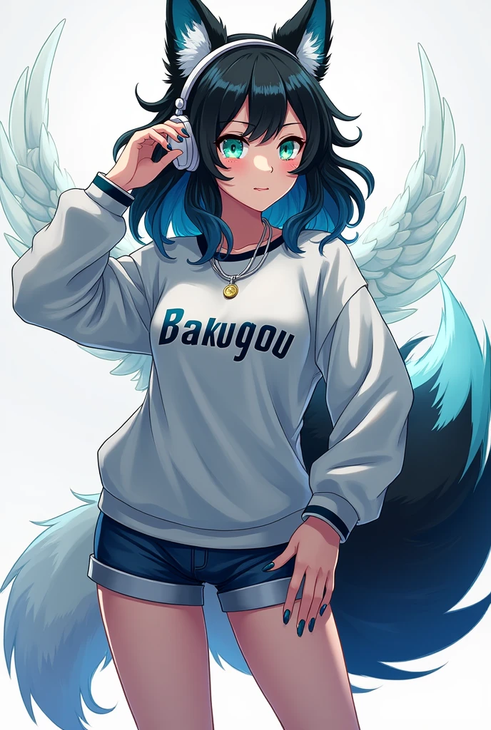 Create an image of a tall girl of one meter 60, wavy medium length dark brown hair, beautiful face, with headphones, blue highlights, voluptuous, hourglass body, white, with a bakugou sweatshirt set and some short shorts, My Hero Academia style two-tone blue and green eyes, fox tail and ears, ibrida angel and demon