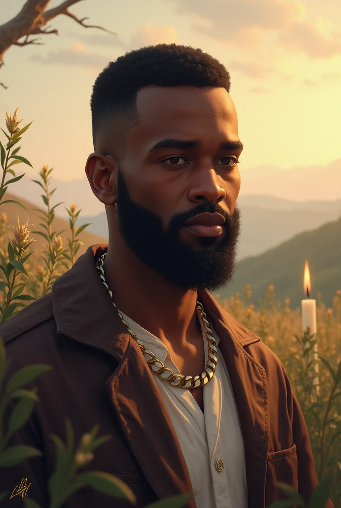 I am a 4 man and my hair is not that long. , negro, short black closed beard, and still Generate an image of myself that describes a growth in my being, with a future full of peace and spiritual tranquility . Finding a family and a home again