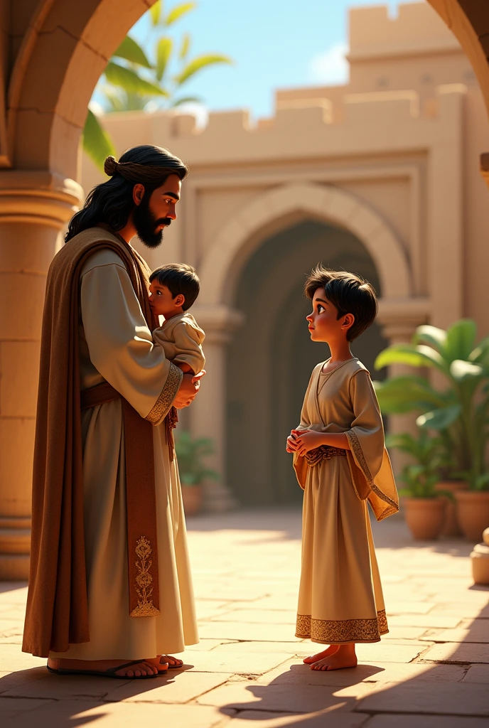  Israelite boy in robe and his young mother beside in robe being presented to a priest in fine linen robe Israelite animated pixar