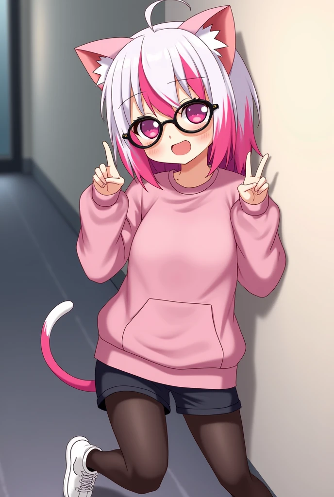 I have pink white hair, cat ears, a bow, My face is super blushing, black glasses, pink heart eyes, a big pink sweatshirt, a skirt under her skirt a black short, black stockings, White shoes, a cat's tail, A very shy girl I'm hitting you against a wall grabbing her butt
