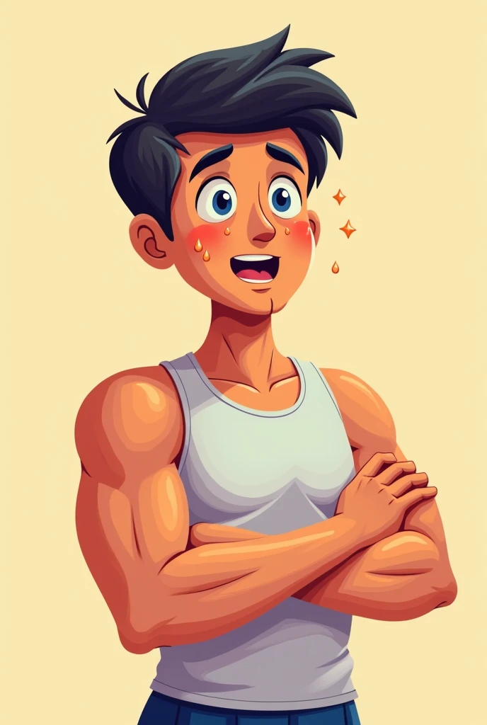 I am looking for an illustration of a sweaty person in the following style: drawing style: Modern and vector, with smooth, clean lines, and vibrant colors. Cartoonish but realistic. Color: Using a palette of bright and contrasting colors that are pleasant and eye-catching. FORMAT: Illustrations arranged in a book or manual style. This illustration is intended for a guidance and training manual, so it must be clear, accessible and visually appealing."

